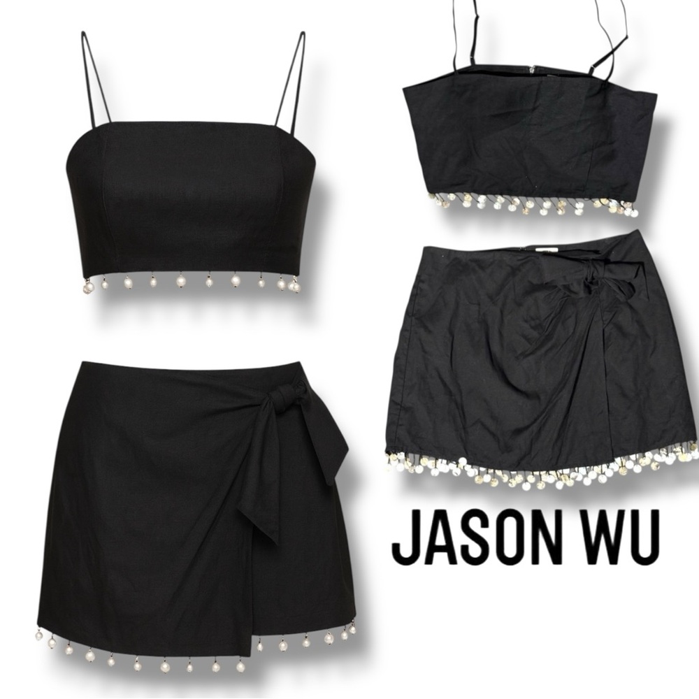 Jason Wu 2 Piece Set Black Crop TankTop Skirt Linen Resort Coastal Beach Chic 10